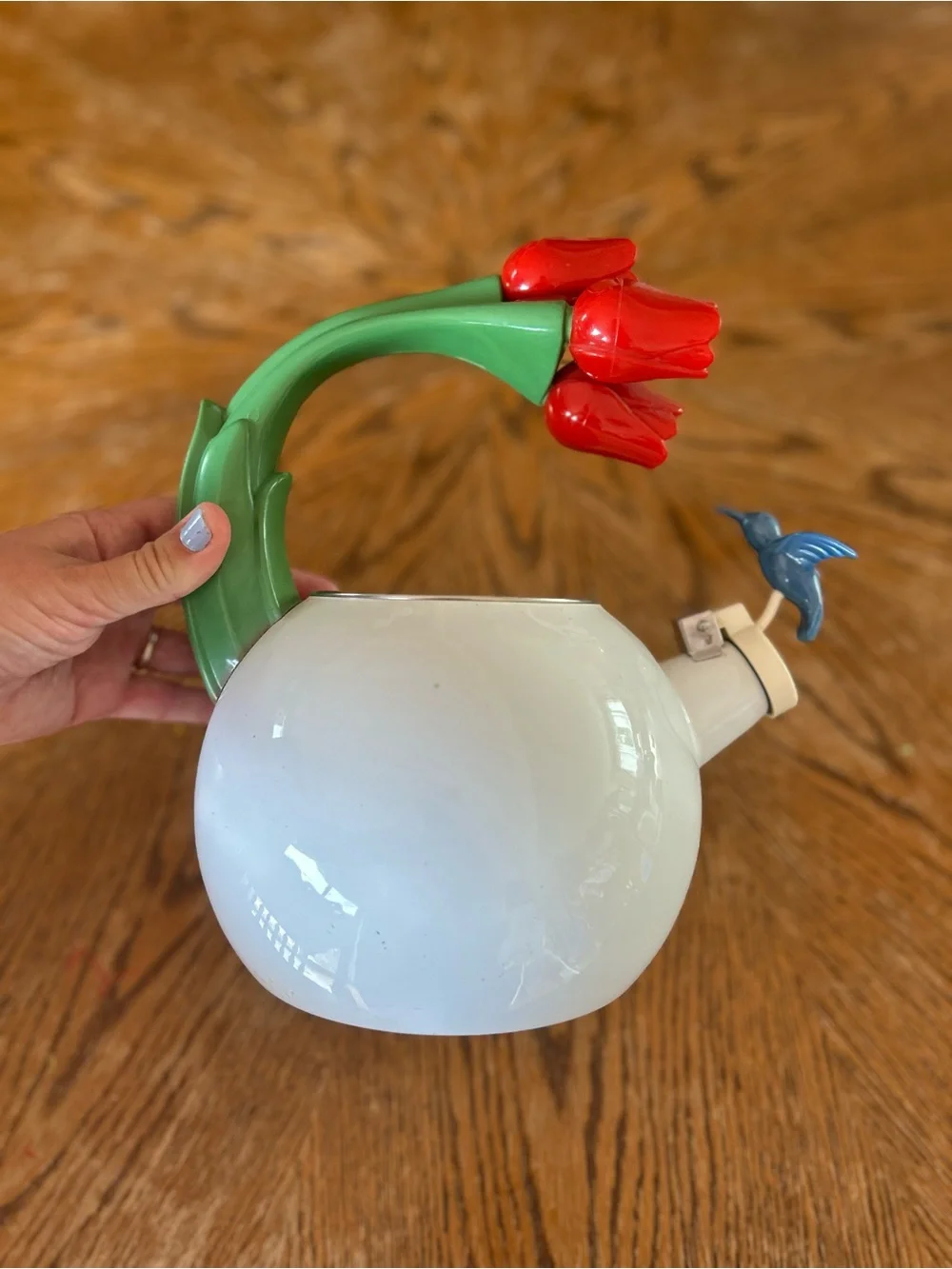 Vintage Via Ancona Tulip and Hummingbird White Enamel Teapot (Missing Lid)